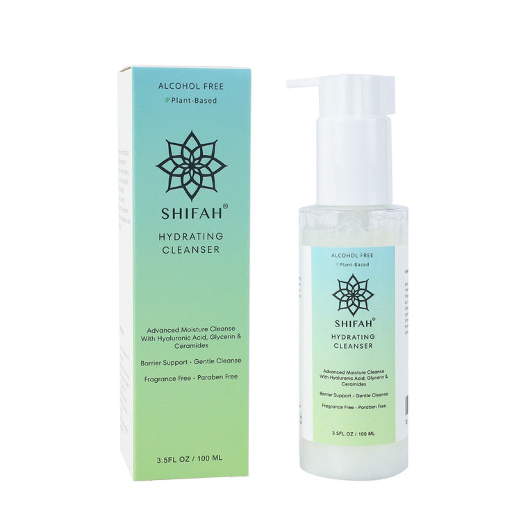 SHIFAH Hydrating Cleanser 100ml pump bottle beside its turquoise and green box