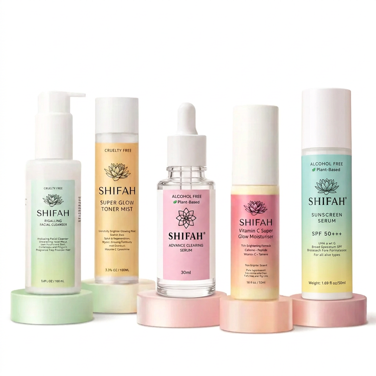 SHIFAH five-piece Starter skincare set with cleanser, toner, Advance Clearing Serum, moisturiser and SPF50 Sunscreen Serum.