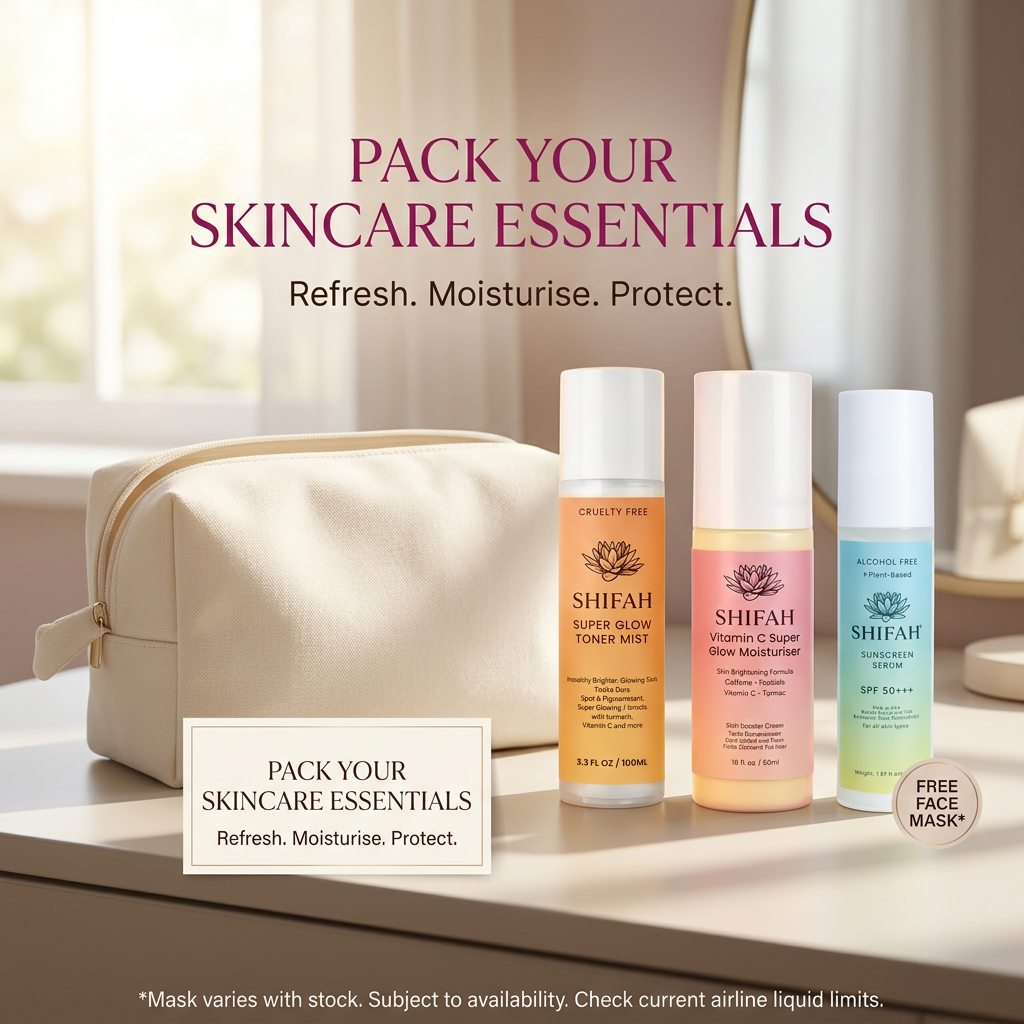 SHIFAH Glow Toner, Glow Moisturiser and SPF50 Sunscreen Serum beside a travel pouch, styling accessory not included