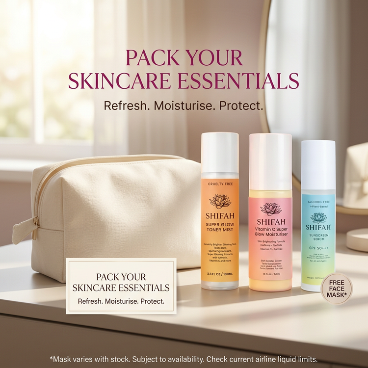 SHIFAH Glow Toner, Glow Moisturiser and SPF50 Sunscreen Serum beside a travel pouch, styling accessory not included
