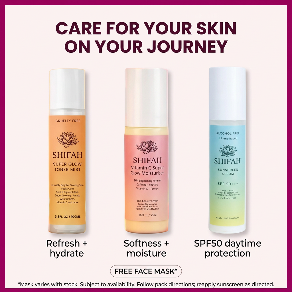 Three-product SHIFAH bundle for refreshing hydration, moisturising softness and SPF50 daytime protection