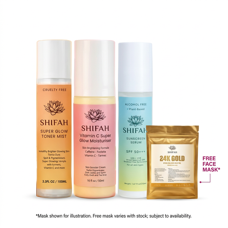 SHIFAH Glow Toner, Glow Moisturiser and SPF50 Sunscreen Serum with an illustrative free gold face mask on white; free mask varies with stock