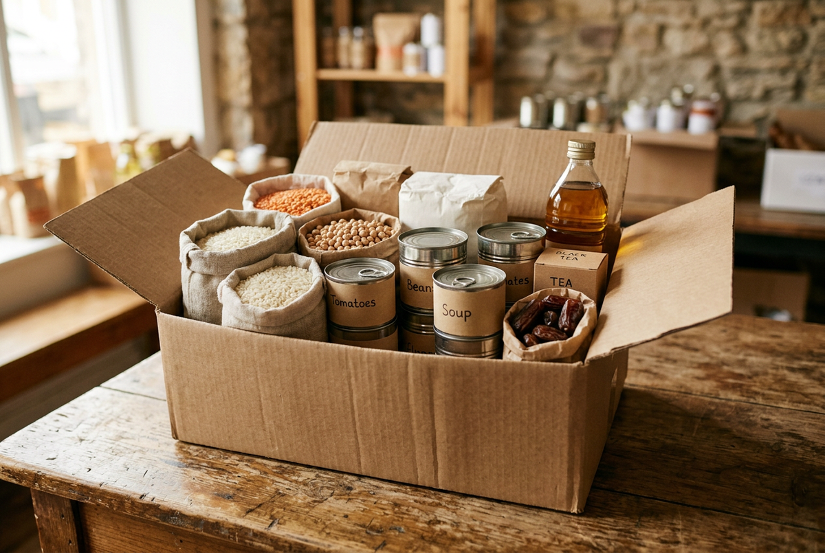 A food pack of rice, lentils, flour, oil and dates