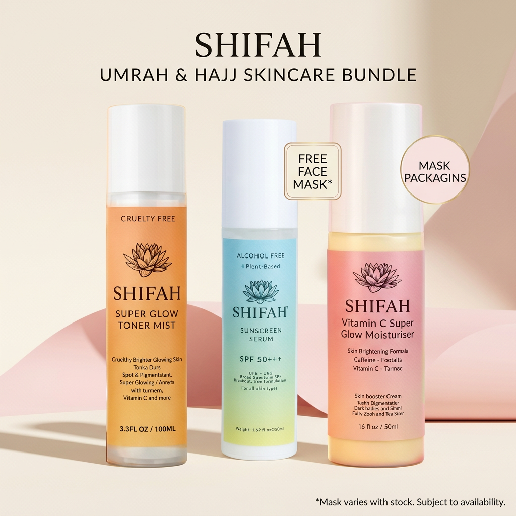 SHIFAH Glow Toner, Glow Moisturiser and SPF50 Sunscreen Serum with a free face mask offer, subject to stock